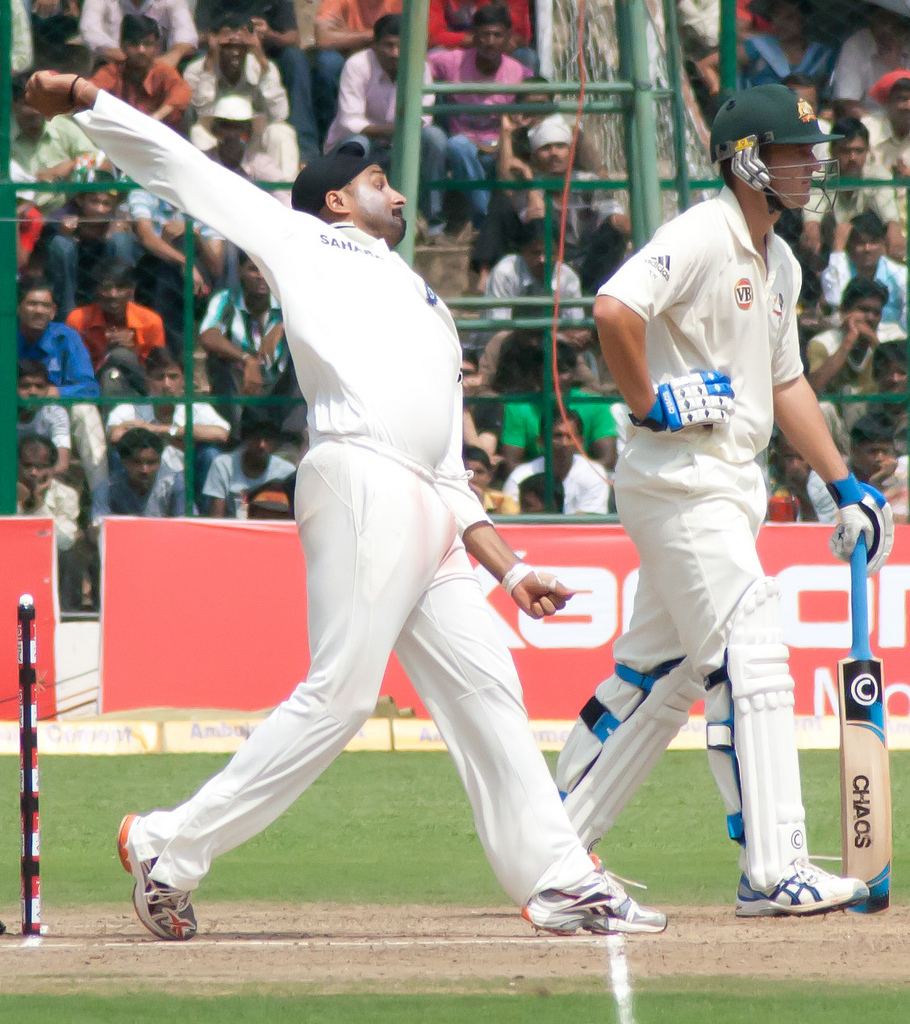 Harbhajan Singh bowling for India, October 2010